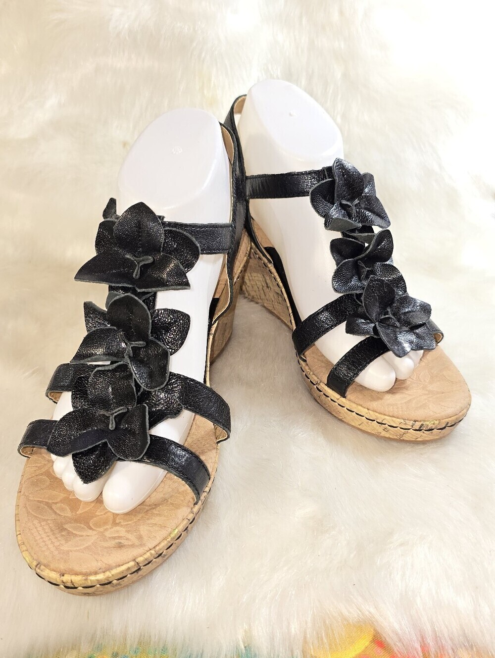 BOC Women's Black Floral Cork Wedge Sandals